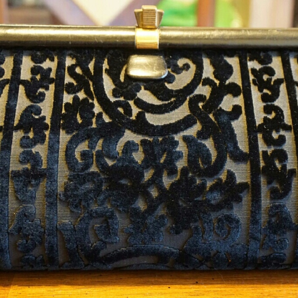 Black Patterned Velvet Clutch with Gold Frame